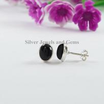Natural Black Onyx Stud Earrings, 925 Sterling Silver Studs, Oval Black Onyx Studs, Gift for Mom, December Birthstone, Handmade Silver Studs