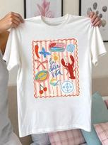La Dolce Vita Mediterranean Collage Print Top Women Casual Crew Neck Short Sleeve Italian Aesthetic Summer Basic Solid Lady Tee S