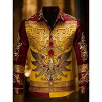New Gilded Eagle Ruby Chinese Pattern Composite Printed Long Sleeve Shirt Smooth Satin Collar Men's Top S