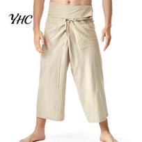 Harem Pants Thai Fisherman Summer Solid Color Drawstring Wide Legs Pockets Casual Yoga Menswear Flax Loose Men Martial Arts Trousers Daily Life