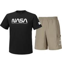 Nasa Unisex Cotton Blend Training T-Shirt + Woven Knee-Length Shorts Set [Black + Beige] 100