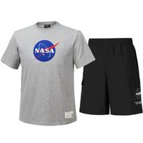 Nasa Unisex Training Cotton Blend Short Sleeve T-Shirt + Woven Knee-Length Shorts Set [Light Melange + Black] 105