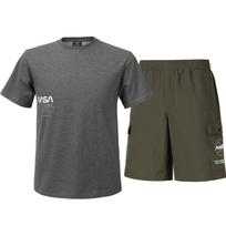Nasa Unisex Cotton Blend Training Short Sleeve T-Shirt + Woven Knee-Length Shorts Set [Charcoal + Dark Khaki] 100