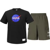 Nasa Unisex Cotton Blend Training T-Shirt + Woven Knee-Length Shorts Set [Black + Dark Khaki] 100