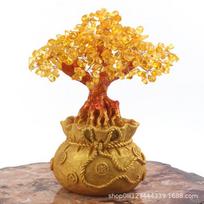 23cm Feng Shui Wealth Attracting Crystal Money Tree Natural Crystal Chips With Golden Resin Money Bag Base Desktop Ornament (as the picture,23cm)
