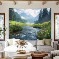 Creative Mountain Stream Tapestry - Lush Greenery & Wildflowers Wall Decor, Polyester, No Power Needed - Ideal for Living Room 100X70CM