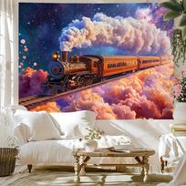 Vintage Steam Train Tapestries-Rust-colored locomotives climb over marshmallow clouds, whimsical journey wall art deco 100X70CM