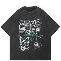 Streetwear Katės Grafiti Grafinis Išplautos Juodos Spalvos Medvilniniai Unisex Marškinėliai Vasaros Trumpomis Rankovėmis Marškinėliai L juoda