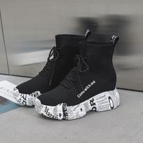 2024 Knitting Stretch Sock Boots Women Platform Shoes Wedges Ankle Botas Letter Height Increasing Chelsea Boots Woman Sock Boots 35 juoda