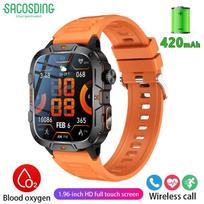 SACOSDING 1.96  BT Call Military Smartwatch Sport Fitness Tracker Heart Rate Monitor Outdoor Bracelet 420mAh Battery Flashlight Watch