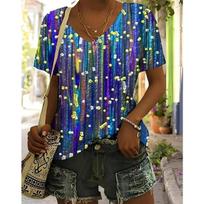 Summer V-neck 3D Vintage Floral Pattern Printed Top Fashionable Casual Colorful Short Sleeved Women's T-shirts S