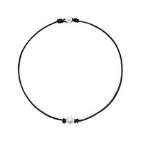 Single One Black Cultured Pearl Choker Necklace on Genuine Leather Cord Handmade 1