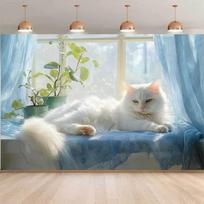 2D Fluffy White Cat Backdrop Cloth, Gentle Window Scene Background for Room Decor 47.2x31.5inch/120*80cm