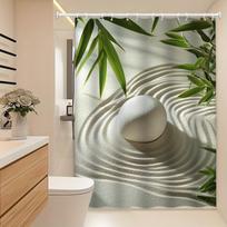Zen Garden Bath Curtain - White Pebble & Raked Sand, Bamboo Leaves, Polyester, 12 Hooks, Machine Washable, Meditative Decor W60H190(CM)-1 Pcs