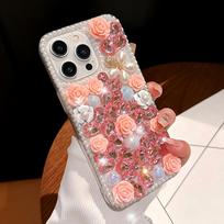 Glitter Bling Phone Case For Motorola Moto G75 G15 G24 Power G05 G85 G84 G55 G54 G35 G34 G45 G14 G04S 5G 3D Rose Flower with Diamonds and Pearl Cover Motorola Moto G24 rožinė