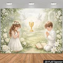 2D Baptism Party Decoration Backdrop, Kids Praying with Chalice Photo Background Banner 47.2x31.5inch/120*80cm