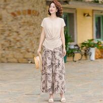 Women's Floral Print Wide-Leg Short-Sleeve Two-Piece Set 2XL chaki