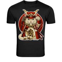 Samurai Lucky Cat T-Shirt - Japanese Maneki Neko Warrior Graphic L