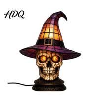 Decorative Bedside Lamp Stained Glass Witch Hat Lamp Halloween Black Cat Ghost Raven Night Purple Pink Ambient Light Light Gothic Retro Resin Table C