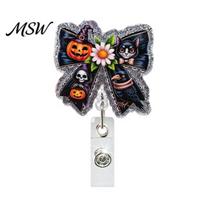 Retractable Keychain Clip Badge Holder, Halloween Glitter Acrylic Reel, Cute Ghost Teacher Reel Pumpkin ID Card Holder for Nurse Doctor Worker C