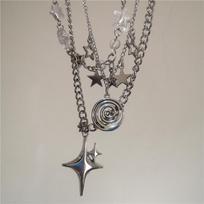 3PCS SET Punk Rock Silver Color Vortex Star Pendant Chain layered Necklace For Women Men Charms Y2k Grunge Accessories Jewelry