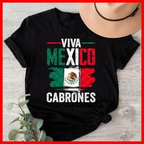 Viva Mexico Cabrones, Mexican Flag Black Cotton T-Shirt S-5XL S