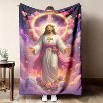 Jesus Christ Rose Halo Flannel Fleece Blanket Soft All Season Throw for Bed Sofa Travel Size: 75*100cm, Weight: 230 GSM