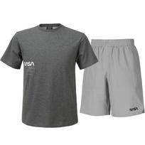 Nasa Unisex Cotton Blend Training T-Shirt + Woven Knee-Length Shorts Set [Charcoal + Light Gray] 95