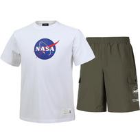 Nasa Unisex Cotton Blend Training T-Shirt + Woven Knee-Length Shorts Set [White + Dark Khaki] 100