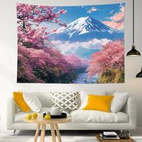 Mt Fuji Cherry Blossom Tapestry, Japanese Ukiyo-e Zen Wall Hanging for Bedroom Living Room Aesthetic Wall Art 100X70CM