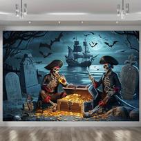 Halloween Double Skull Pirate Chest Shipwreck Moonnight Tapestry Tombstone Bat Seaside Ghost Sailing Party Decoration 100X70CM