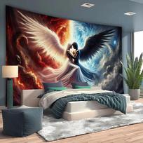 Fallen Angel Tapestry, Dark Fantasy Wings Wall Hanging, Fire and Ice Art, Gothic Decor for Bedroom Living Room 100X70CM