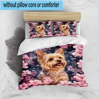 Cherry Blossom Yorkie 3pcs Bedding,Including 1pc Duvet Cover And 2pcs Pillowcases Perfect for Christmas,Ideal for Bedroom, Dormitory 135cm*200cm