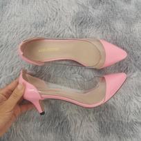 Women Jazz Dance Pumps Sandals Sexy PVC Transparent 5cm Low High Heels Patent Leather Pointed Toe Slip on Party Wedding Shoes 35 rožinė