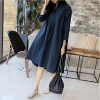 Spring and Autumn New Style Literary Style Simple Casual Long-sleeved Shirt Dress Women's Large Size Mid-length Over-the-knee Slim Dress S mėlyna
