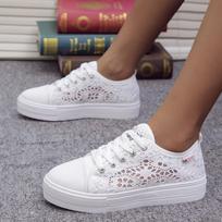 Fashion Women's Sport Shoes Summer Casual White Shoes Cutouts Lace Canvas Hollow Breathable Platform Flat Shoes Woman Sneakers 36 balta
