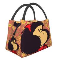 Mafalda Ir Gėlės Nešiojami Pietų Dėžutės Moterims Neperšlampami Quino Kawaii Animacinis Šaldytuvas Šiluminis Maisto Izoliuotas Pietų Krepšys 28x17x16CM tamsiai pilka spalva