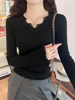 Fashion V Neck Lace Splice Knitted Bottoming Shirt Women's Elegant Casual New Slim Fitting Top Elegant Solid Color Sweet Long Sleeve Clothing One Size juoda