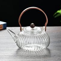 Striped glass brewed teapot Glass scented tea brewed teapot, boiling water brewed teapot Wood handle Ruyi pumpkin beam pot