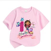 Gabbys Dollhouses Birthday Number T-shirt Girls White Pink Short Sleeve T-shirts Tops Cotton Summer Casual Party Supplies Tee 110