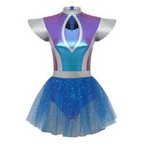 Moterims Kosminio ateivio Cosplay Suknelė Skraidanti rankovė Priekyje išpjova Metalinis Blizgus Patchwork Tiulio Apatinė dalis Įmontuotos kelnaitės S mėlyna
