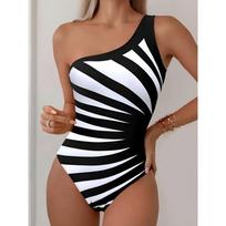 One Shoulder Radial Stripe One Piece Swimsuit High Cut Bathing Suit XL geltona