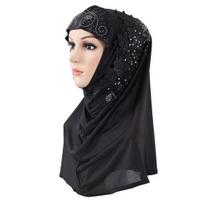 Women Solid Color Lace Rhinestone Muslim Hijab Wrap Islamic Scarf Cap Head Cover juoda