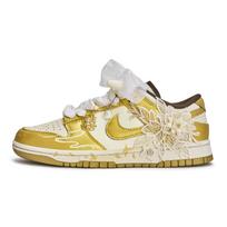 Nike Dunk 811 Manufacturing, Gold Flower Gift Abrasion Resistant Low top Skateboard Shoes Women's Beige Gold HM3695-071(Team80-) 35.5