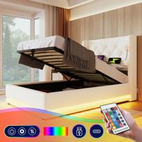 Vienvietė lova su hidrauliniu, USB-C, LED, 90x200 cm, balta, 1 vnt