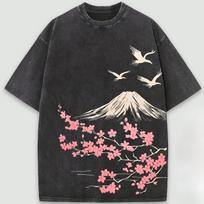 2026 Hot Sale Washed Vintage Mount Fuji Sakura Graphic T Shirt Crane Cherry Blossom Art Print Unisex Cotton Crew Neck Short Sleeve Men Street Tee Top L
