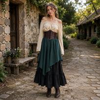 Moteriškas bohemiškas gotikinis atvirų pečių viršus ir ilgas sijonas, 2 dalių komplektas su korseto diržu L žalia