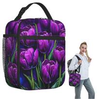 Purple Tulip Oil Painting Print Insulated Lunch Bag for Women Children Portable Food Boxes Thermal Lunch Box Tote One Size