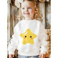 European sizes Kids' Smiling Yellow Star Hoodie with Eyes - Soft Round-Neck Pullover, Spring/Fall Casual & Sportswear, Cute Star Face Design 110 balta