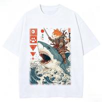 2026 Hot Sale Japanese Samurai Cat Riding Shark Graphic T-Shirt Unisex Ocean Wave Print White Short Sleeve Harajuku Streetwear Casual Tees Top 4XL